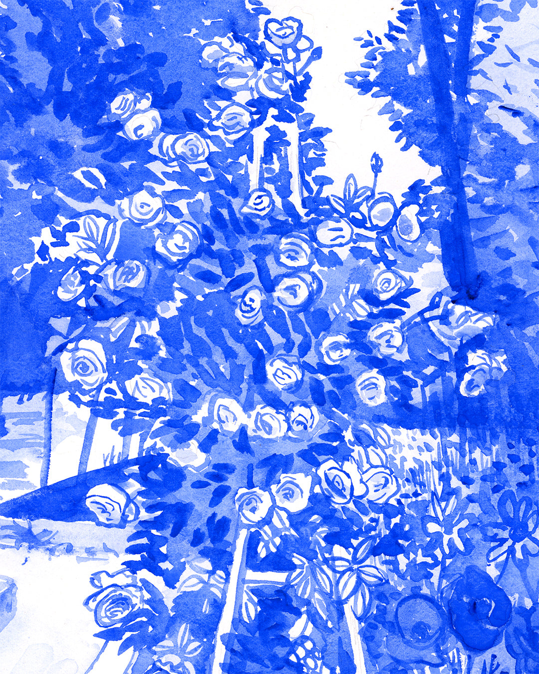 Rose Obelisk, Large Blue and White Watercolor, Unframed