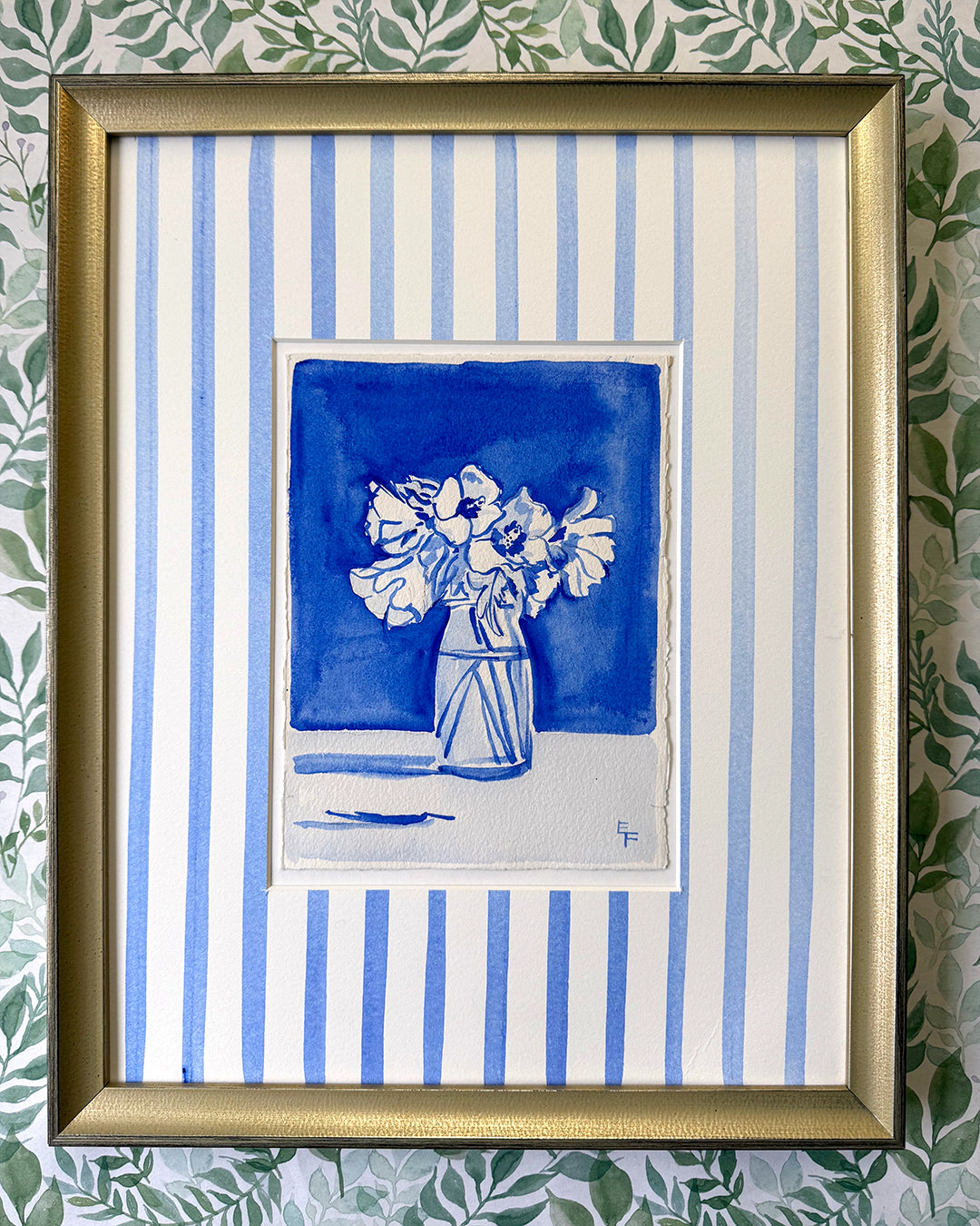 Rose of Sharon, Blue and White Watercolor, Framed