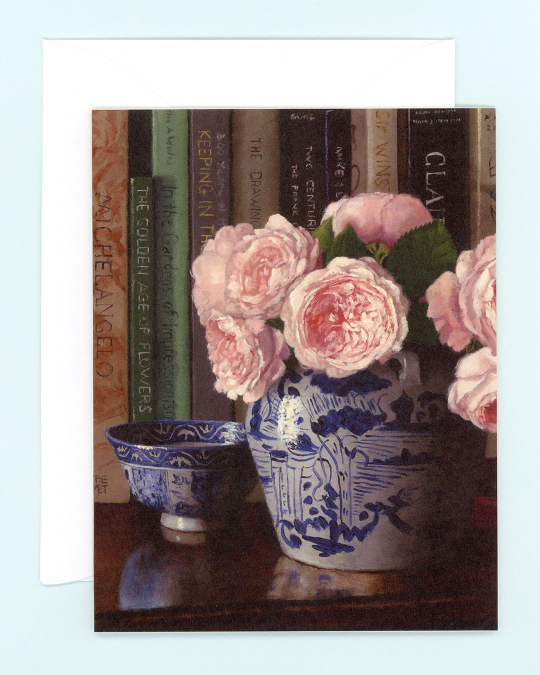 Roses on Bookcase Greeting Card