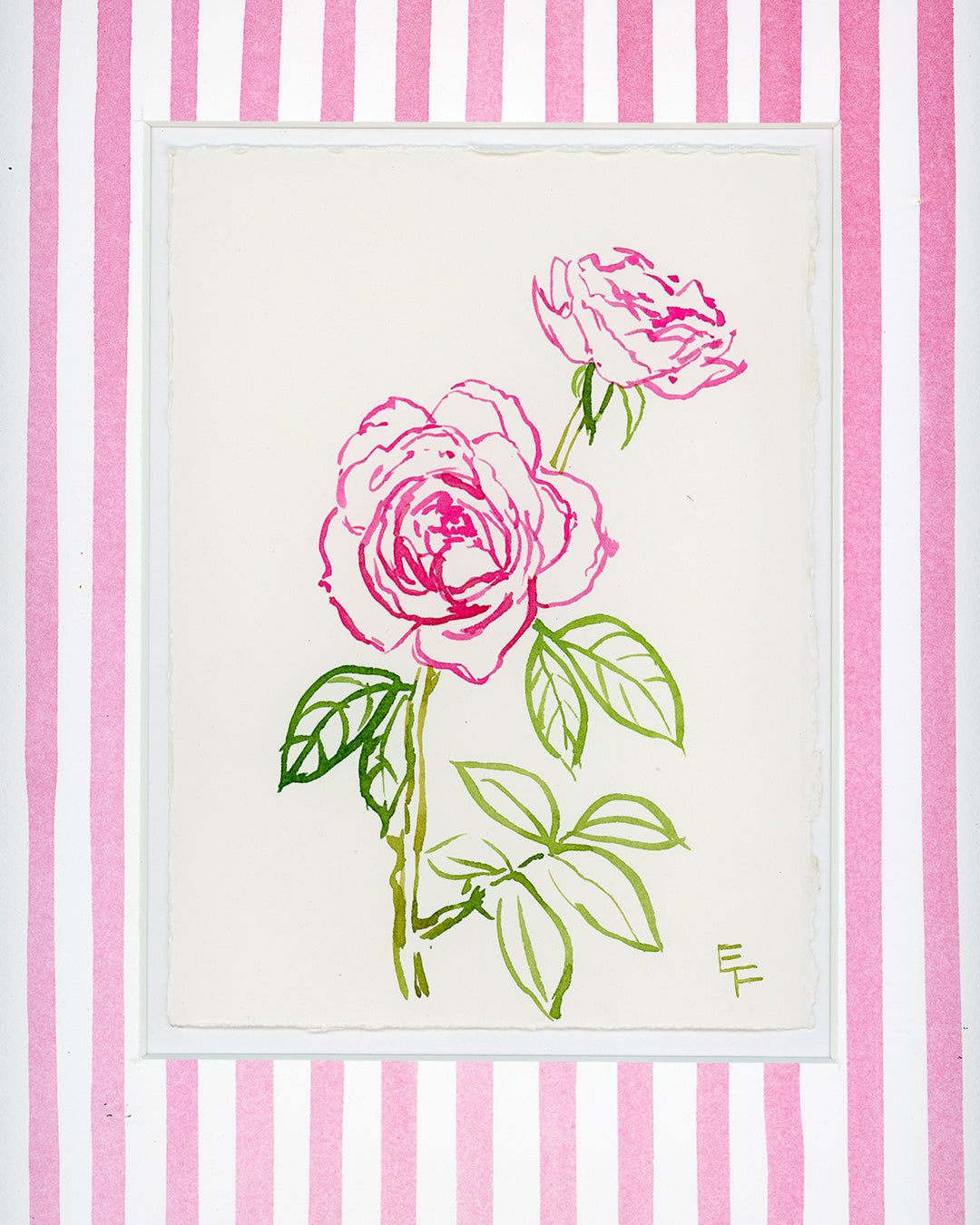 Roses and Leaves, Blue and White Watercolor, Framed