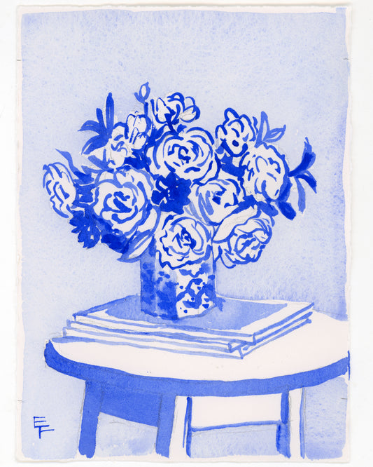 Roses and Magazines, Blue and White Watercolor, Unframed