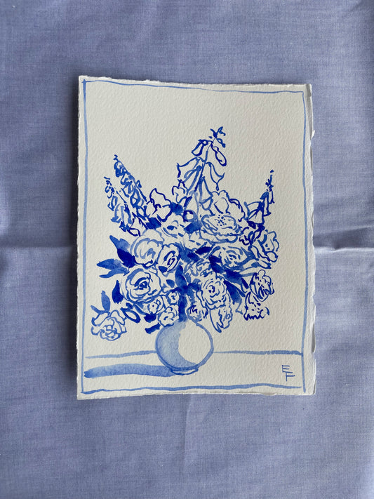 Roses and Foxglove, BLUE AND WHITE WATERCOLOR, UNFRAMED