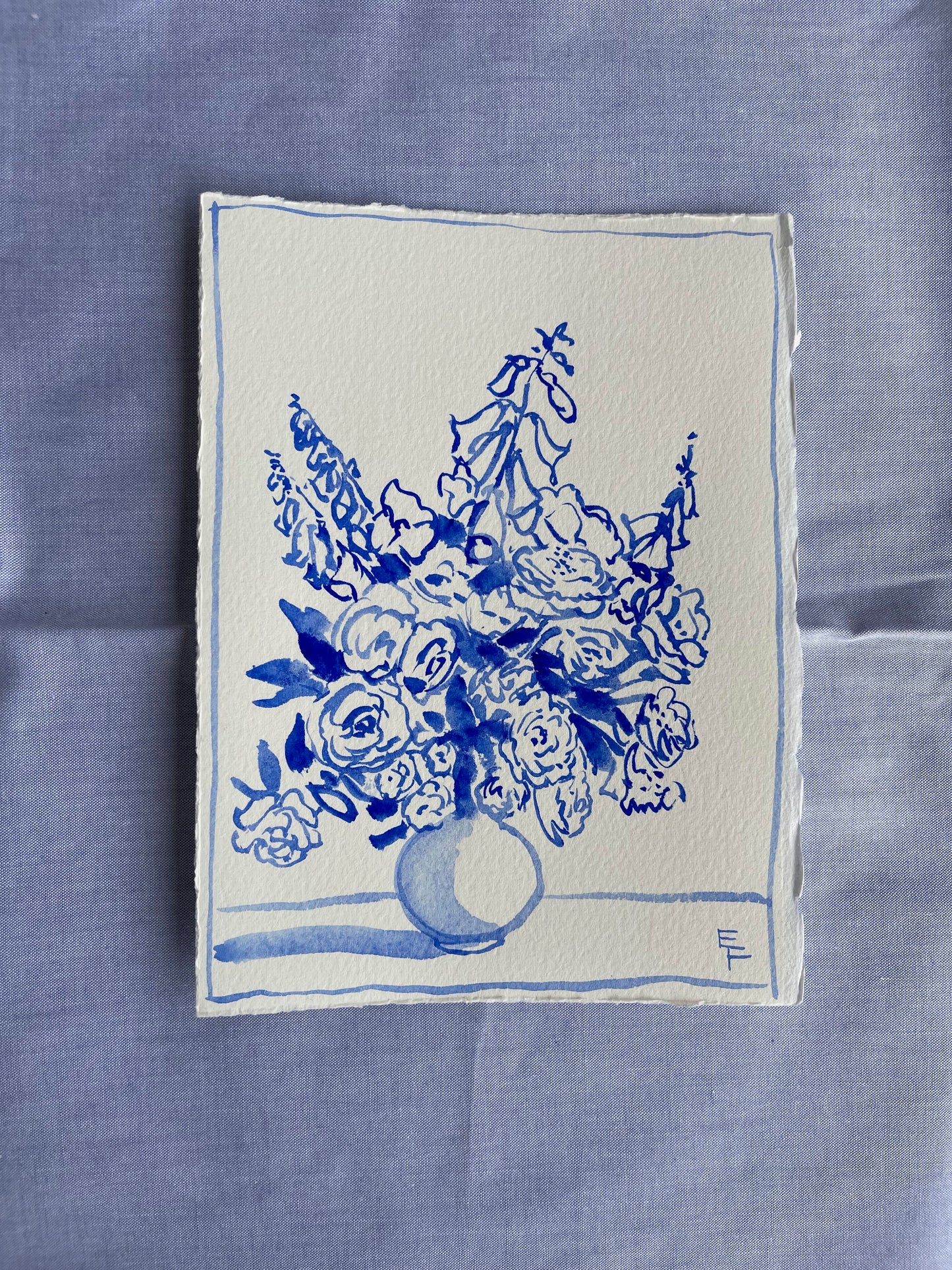 Roses and Foxglove, BLUE AND WHITE WATERCOLOR, UNFRAMED