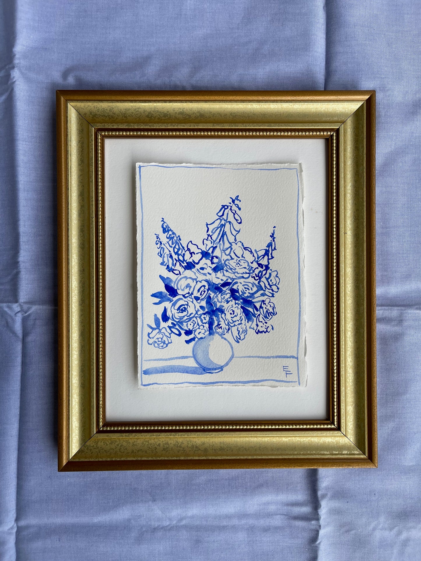 Roses and Foxglove, BLUE AND WHITE WATERCOLOR, UNFRAMED