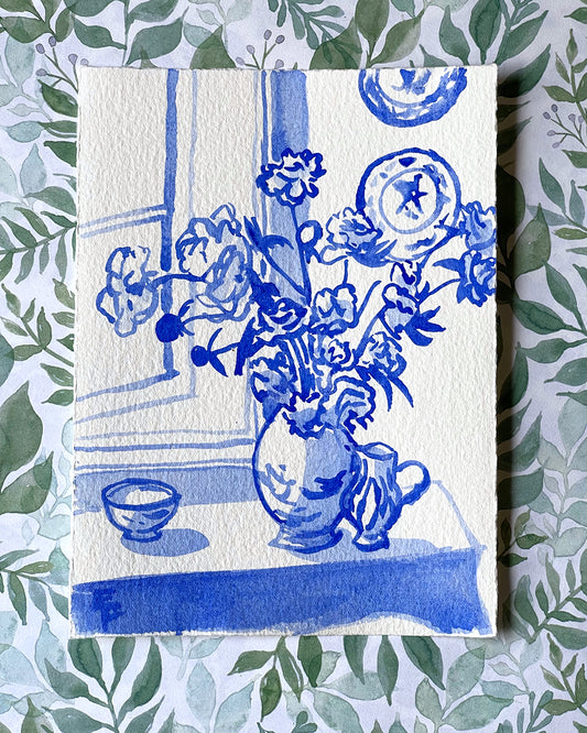 ROSES IN THE WINDOW, BLUE AND WHITE WATERCOLOR, UNFRAMED