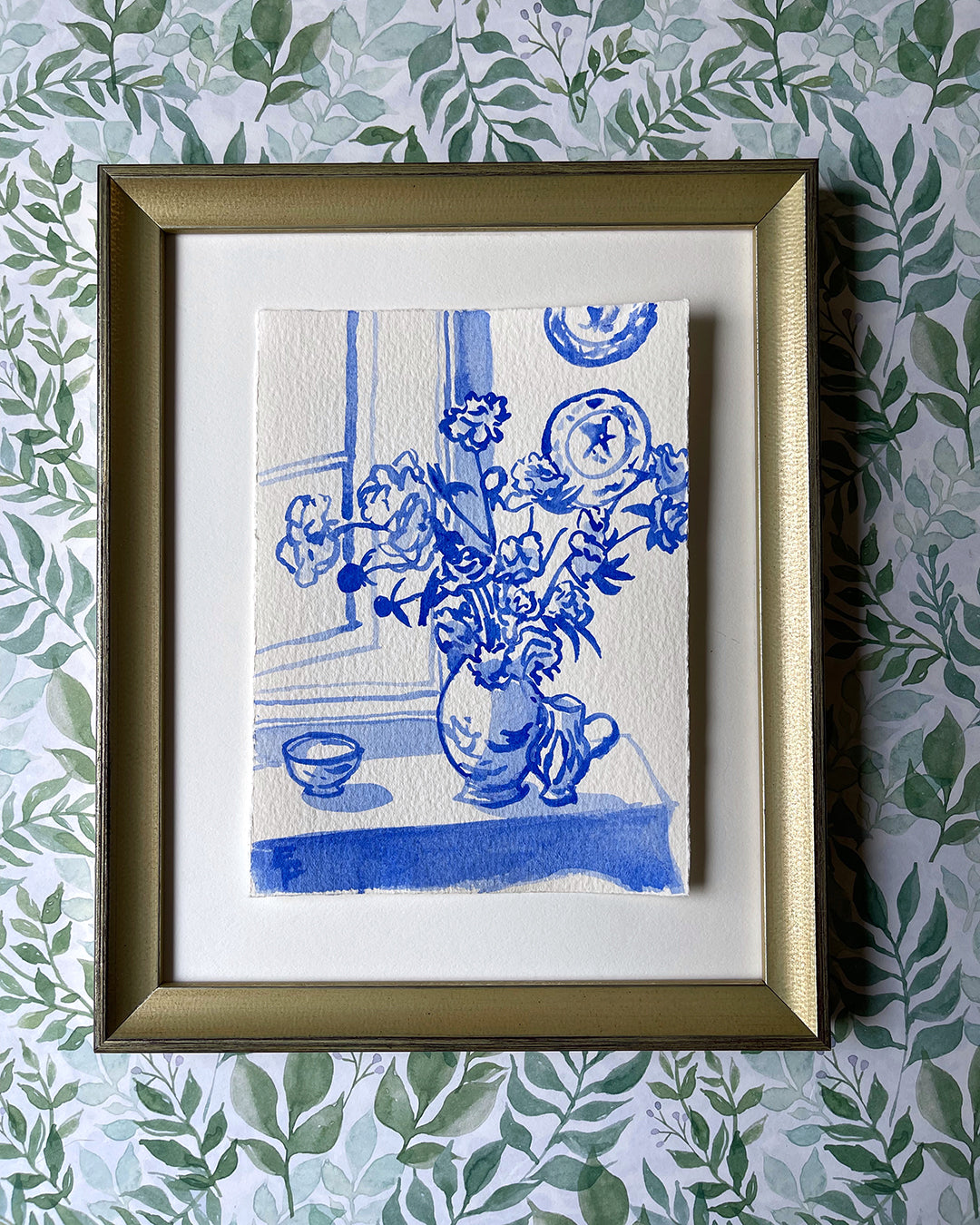 ROSES IN THE WINDOW, BLUE AND WHITE WATERCOLOR, UNFRAMED