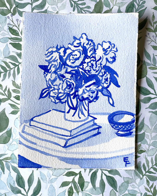 ROSES ON BOOKS WITH BOWL, BLUE AND WHITE WATERCOLOR, UNFRAMED