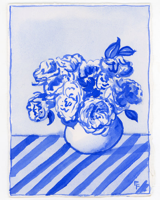 Roses on Stripes, Blue and White Watercolor, Unframed