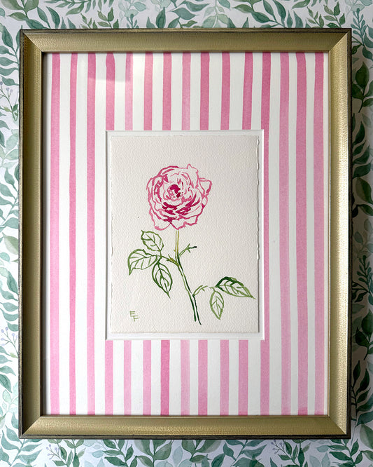 Single Rose, Blue and White Watercolor, Framed