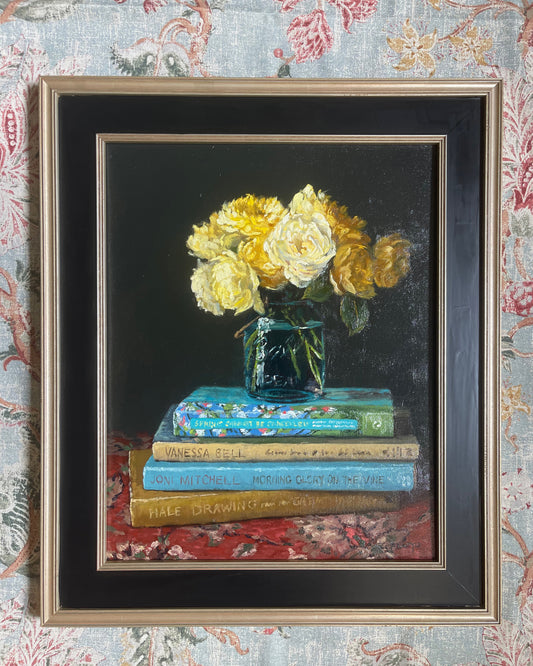 Yellow Roses on Stack of Books, framed oil painting, 20x16 inches