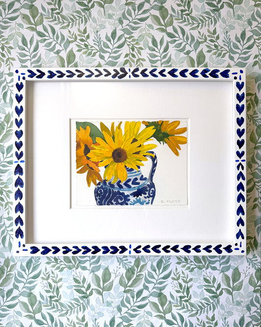 Sunflowers in Telavera, Blue and White Watercolor, Framed