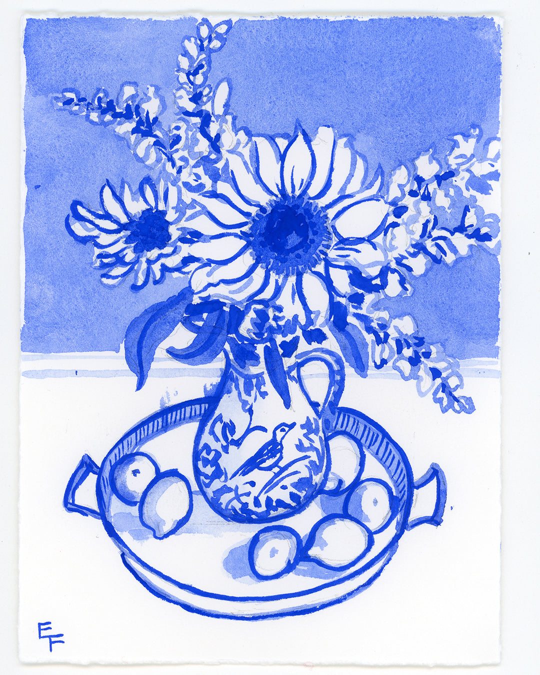 Sunflowers on Tray, Blue and White Watercolor, Unframed