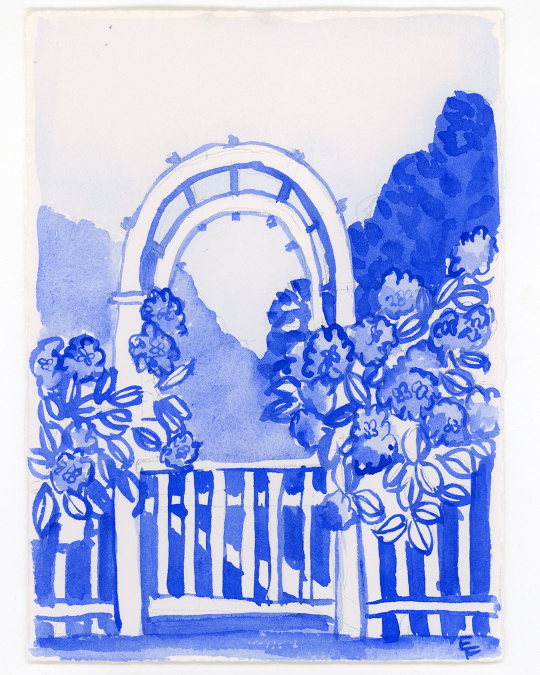 The Garden Gate of Arbor, Blue and White Watercolor, Framed