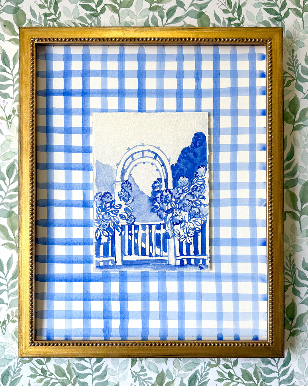 The Garden Gate of Arbor, Blue and White Watercolor, Framed