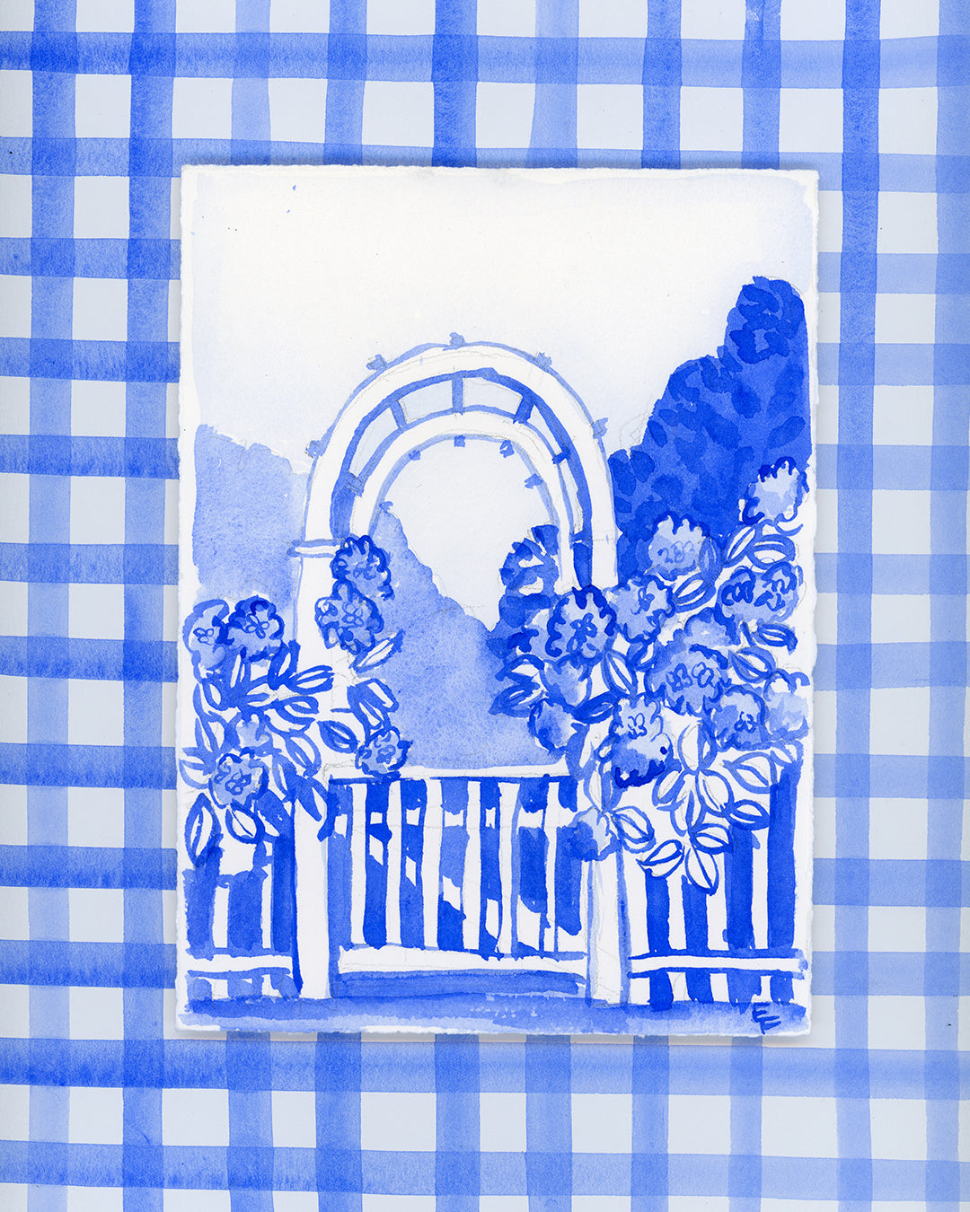 The Garden Gate of Arbor, Blue and White Watercolor, Framed