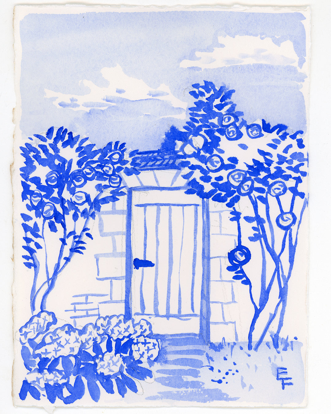 The Secret Garden Gate, Blue and White Watercolor, Framed