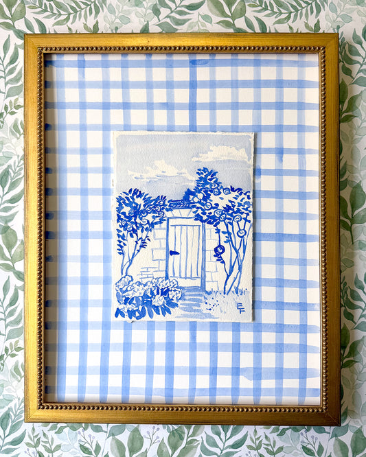 The Secret Garden Gate, Blue and White Watercolor, Framed