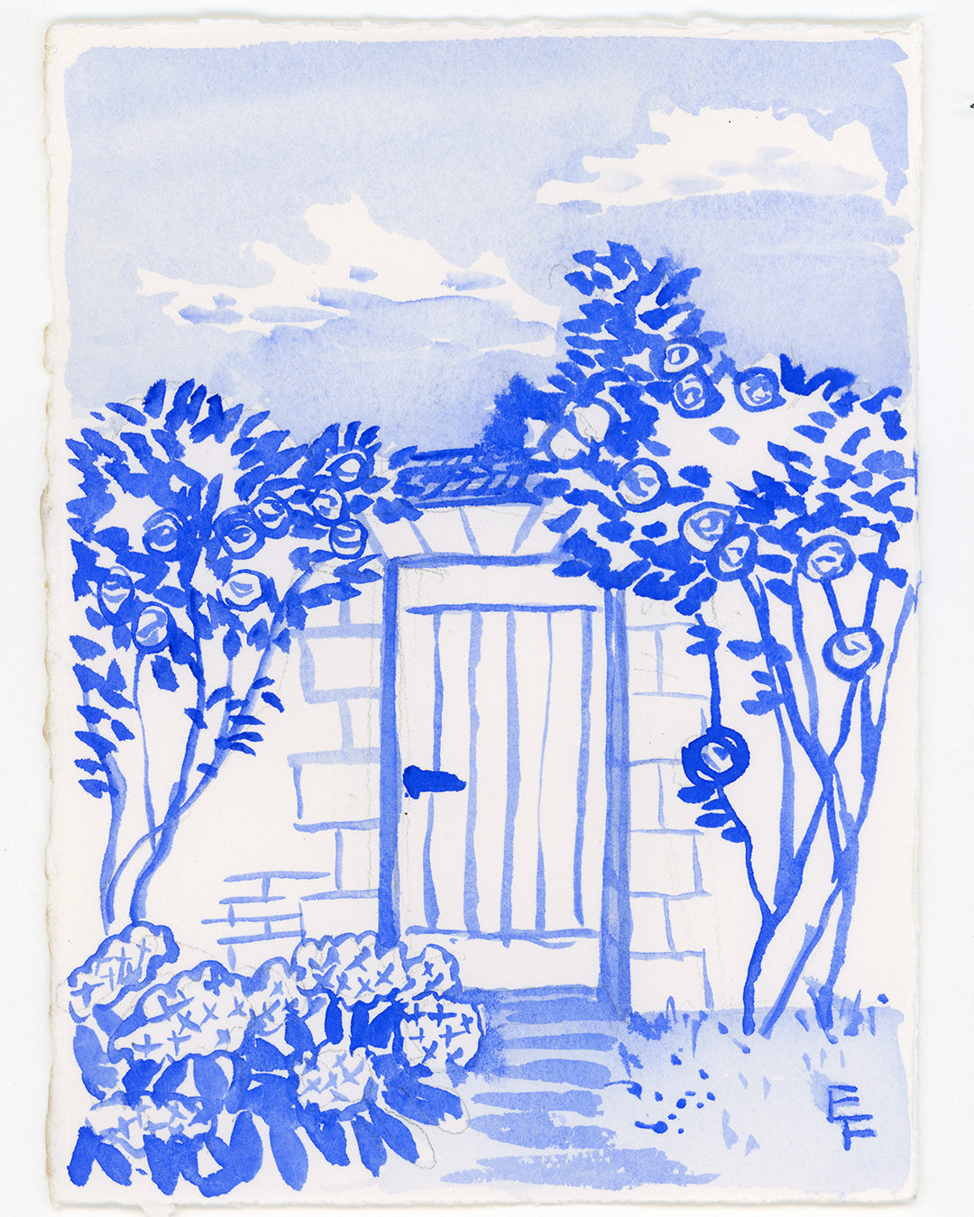 Secret Garden Gate, Blue and White Watercolor, Unframed
