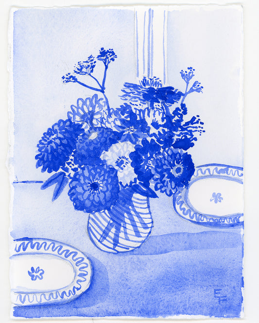Zinnias on Table, Blue and White Watercolor, Unframed
