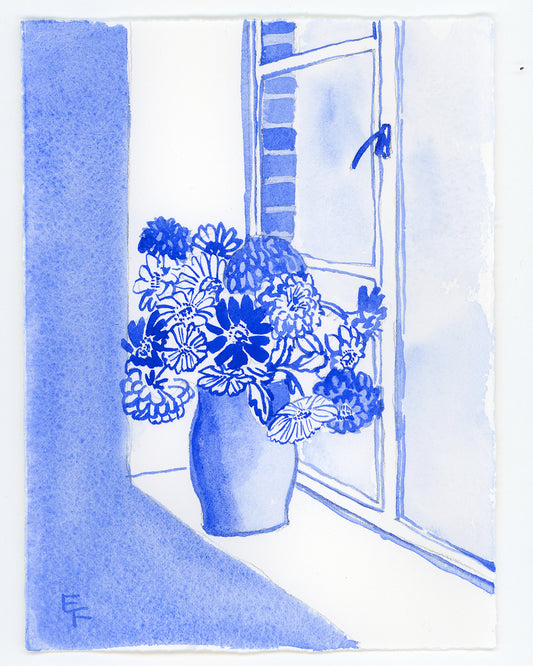 Zinnias on Window Sill, Blue and White Watercolor, Unframed