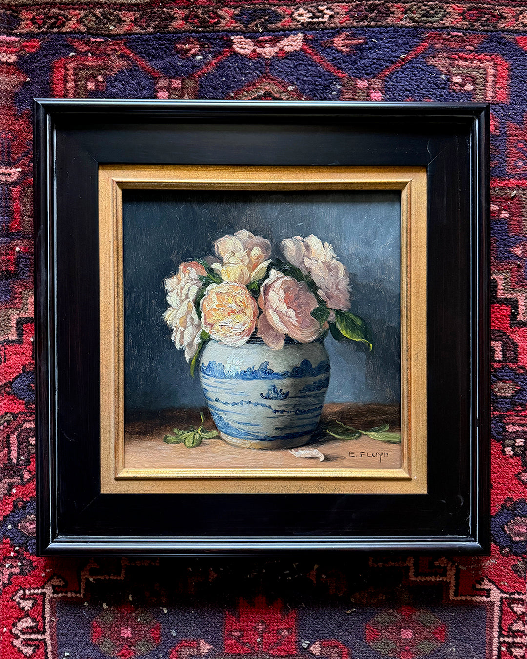 Crocus Roses in Ginger Jar, 12x12 inches, Framed Oil Painting