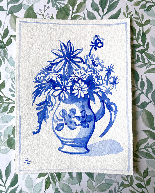 DAHLIAS, ZINNIAS, AND ASTERS, BLUE AND WHITE WATERCOLOR, UNFRAMED