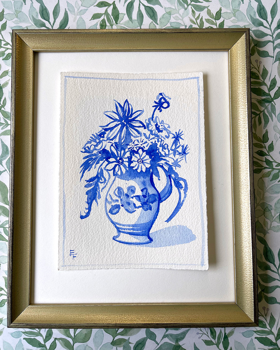 DAHLIAS, ZINNIAS, AND ASTERS, BLUE AND WHITE WATERCOLOR, UNFRAMED