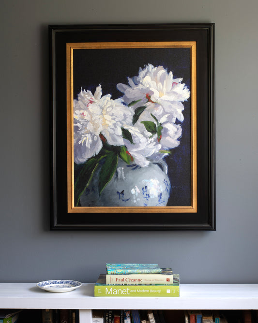 Festiva Maxima Peonies in Ginger Jar, Fine Art Matte Canvas Print, Stretched, 1.25"