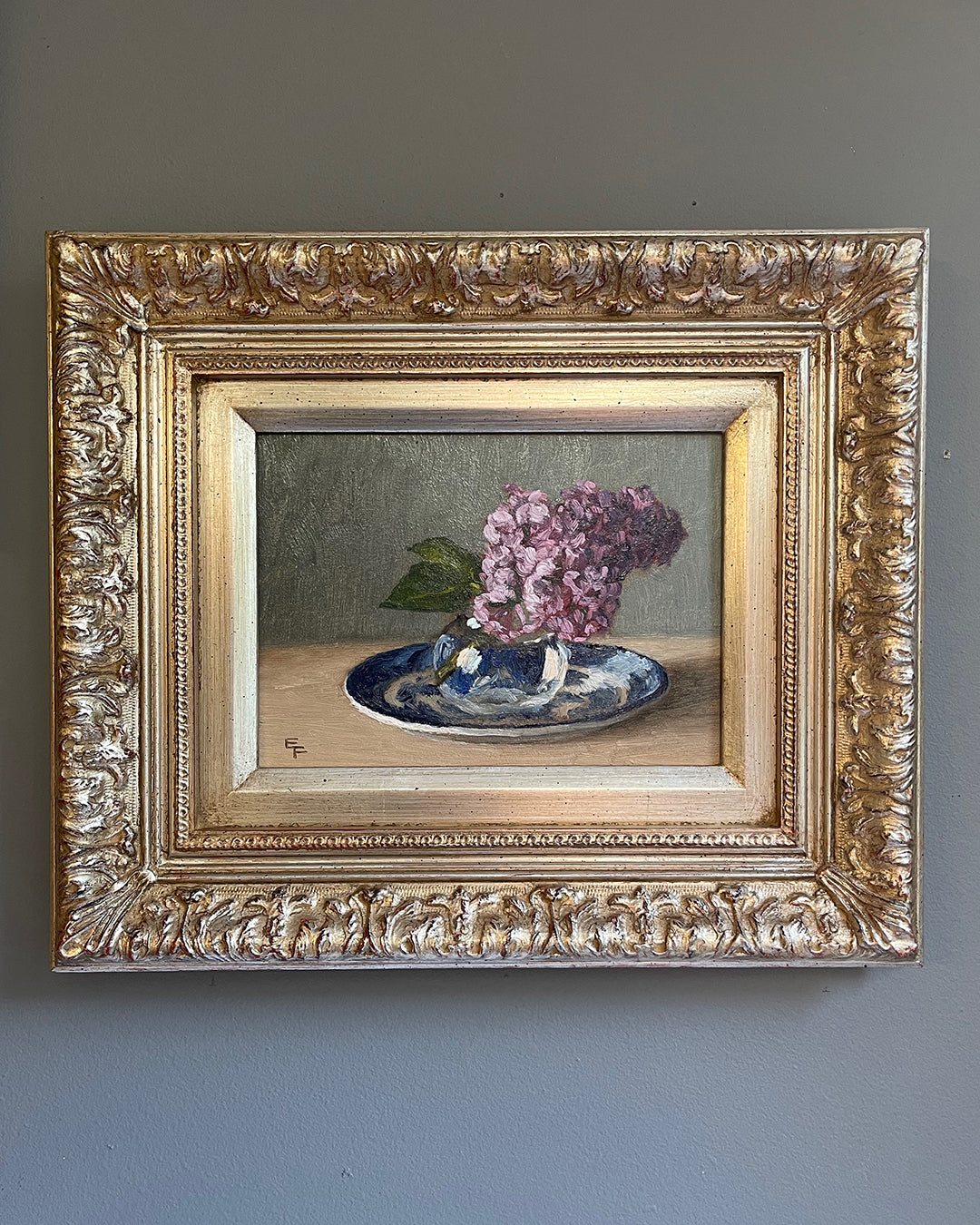 Lilacs and Blue Willow, Framed Oil Painting