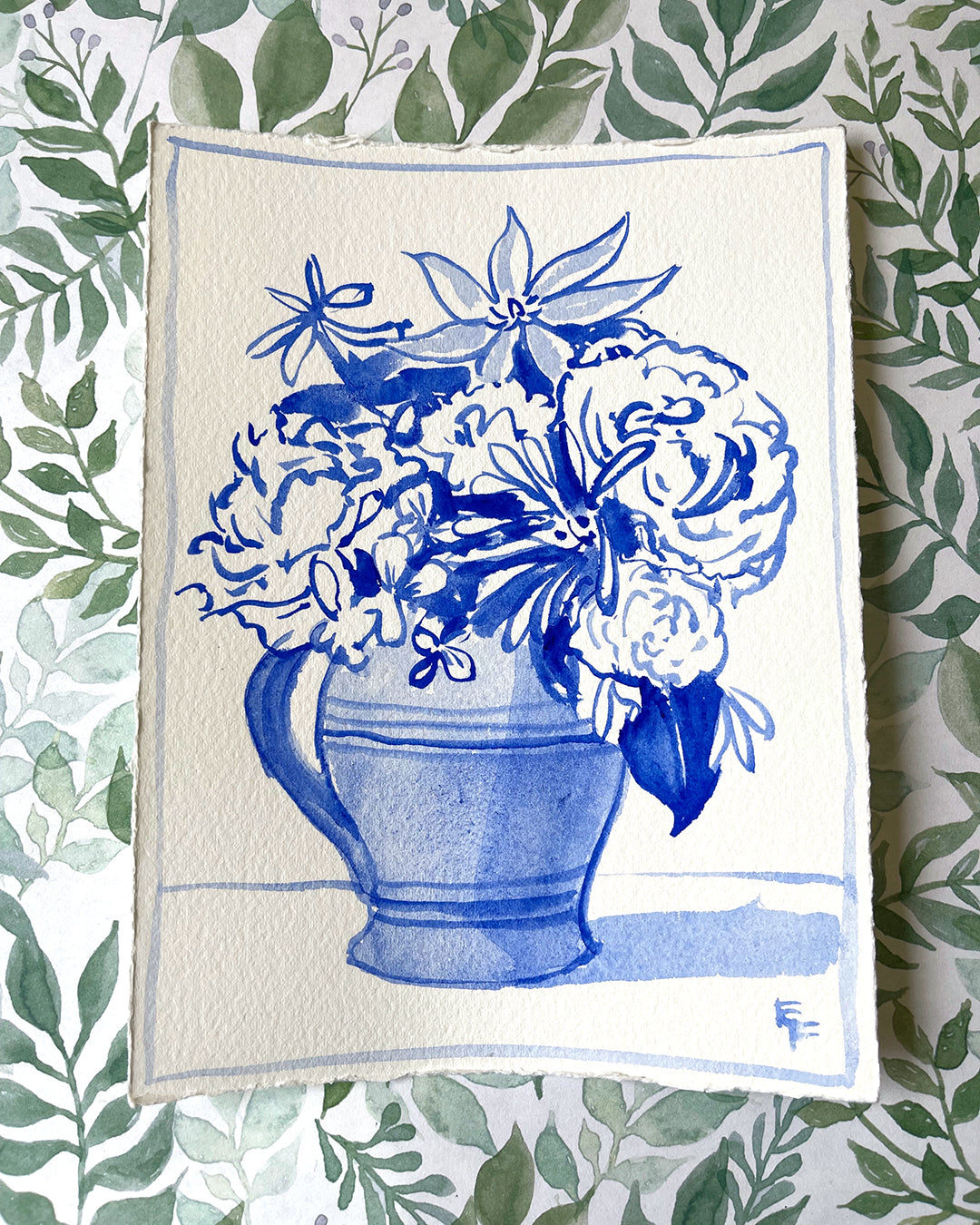 MIXED SPRING BOUQUET, BLUE AND WHITE WATERCOLOR, UNFRAMED