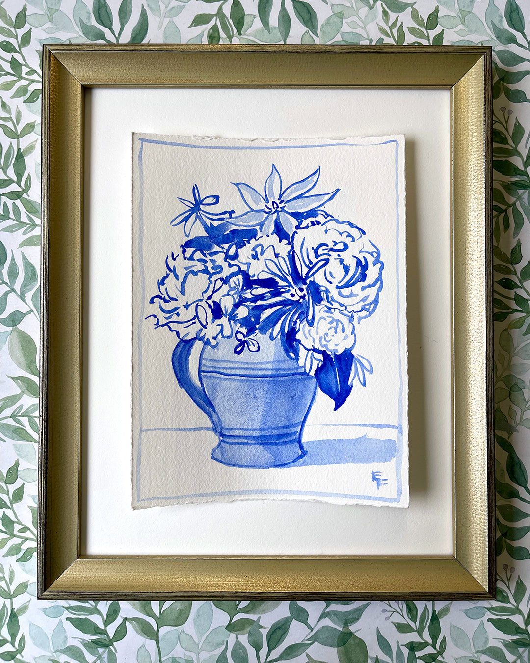 MIXED SPRING BOUQUET, BLUE AND WHITE WATERCOLOR, UNFRAMED