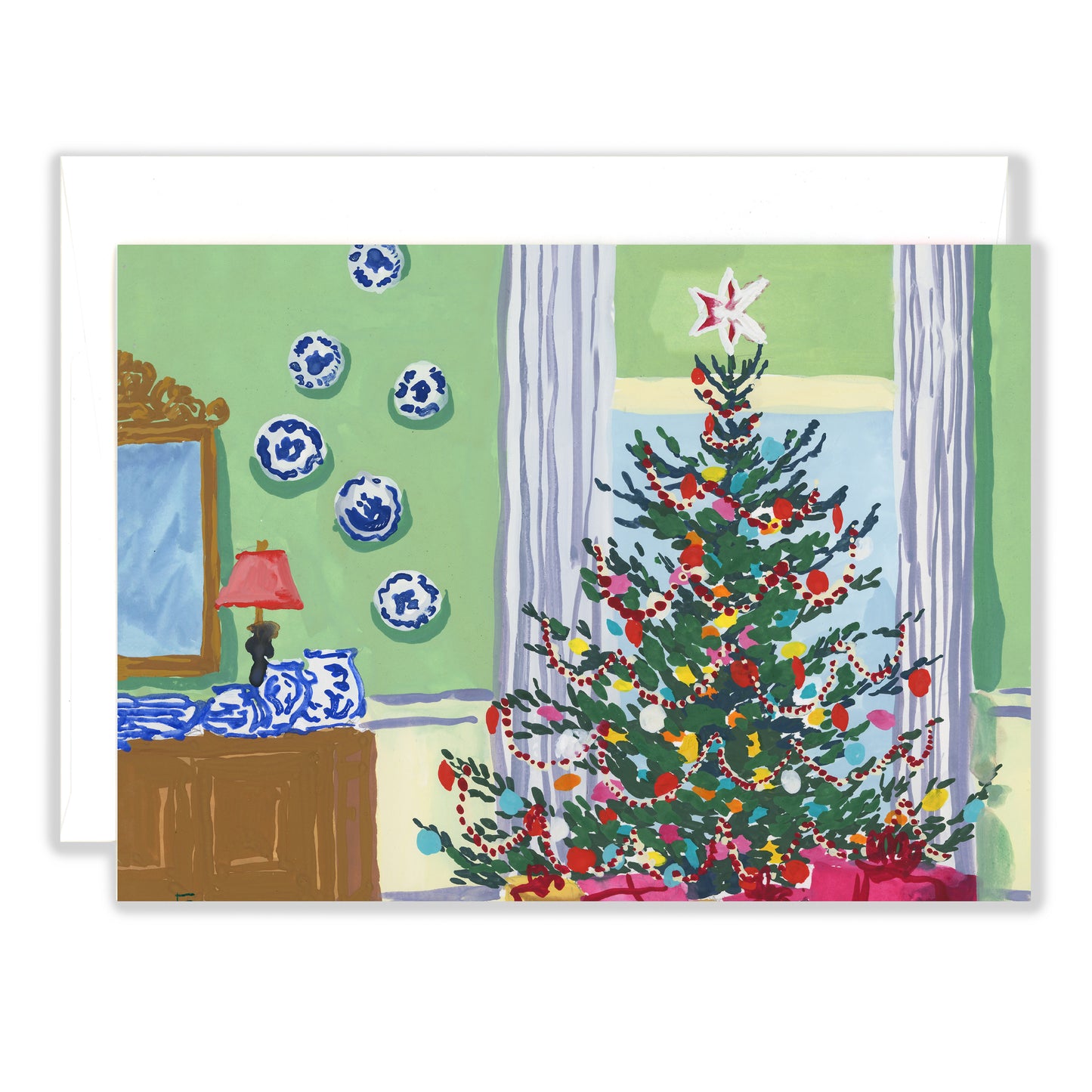 Christmas Tree with Blue Willow Greeting Card