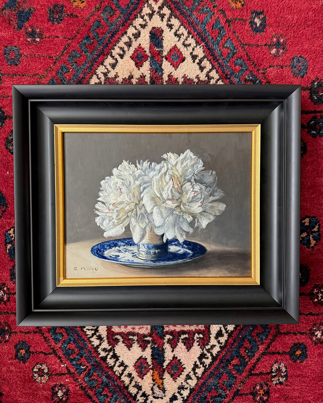 Peonies and Blue Willow, 11x14 inches, Framed Oil Painting
