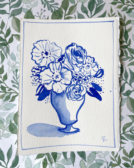 Poppies and Roses, BLUE AND WHITE WATERCOLOR, UNFRAMED