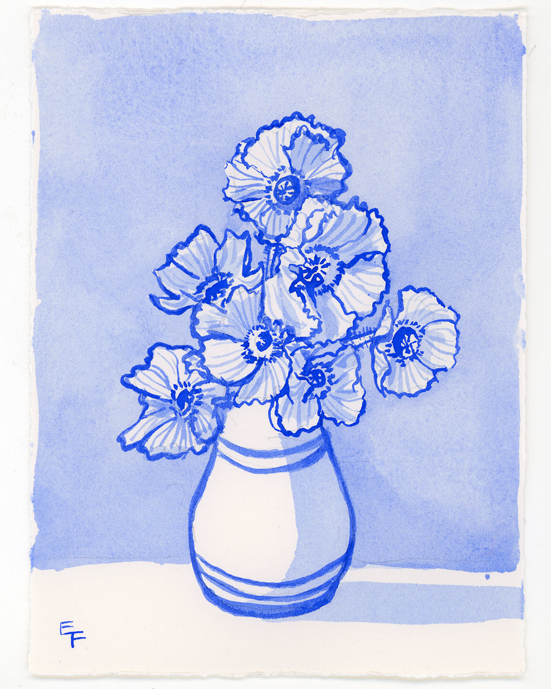 Poppies in Vase, Blue and White Watercolor, Framed