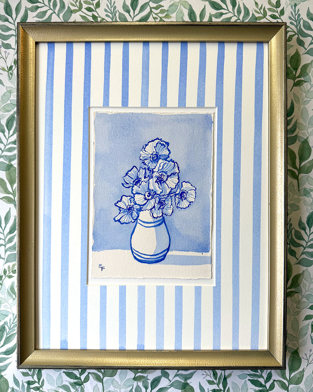 Poppies in Vase, Blue and White Watercolor, Framed