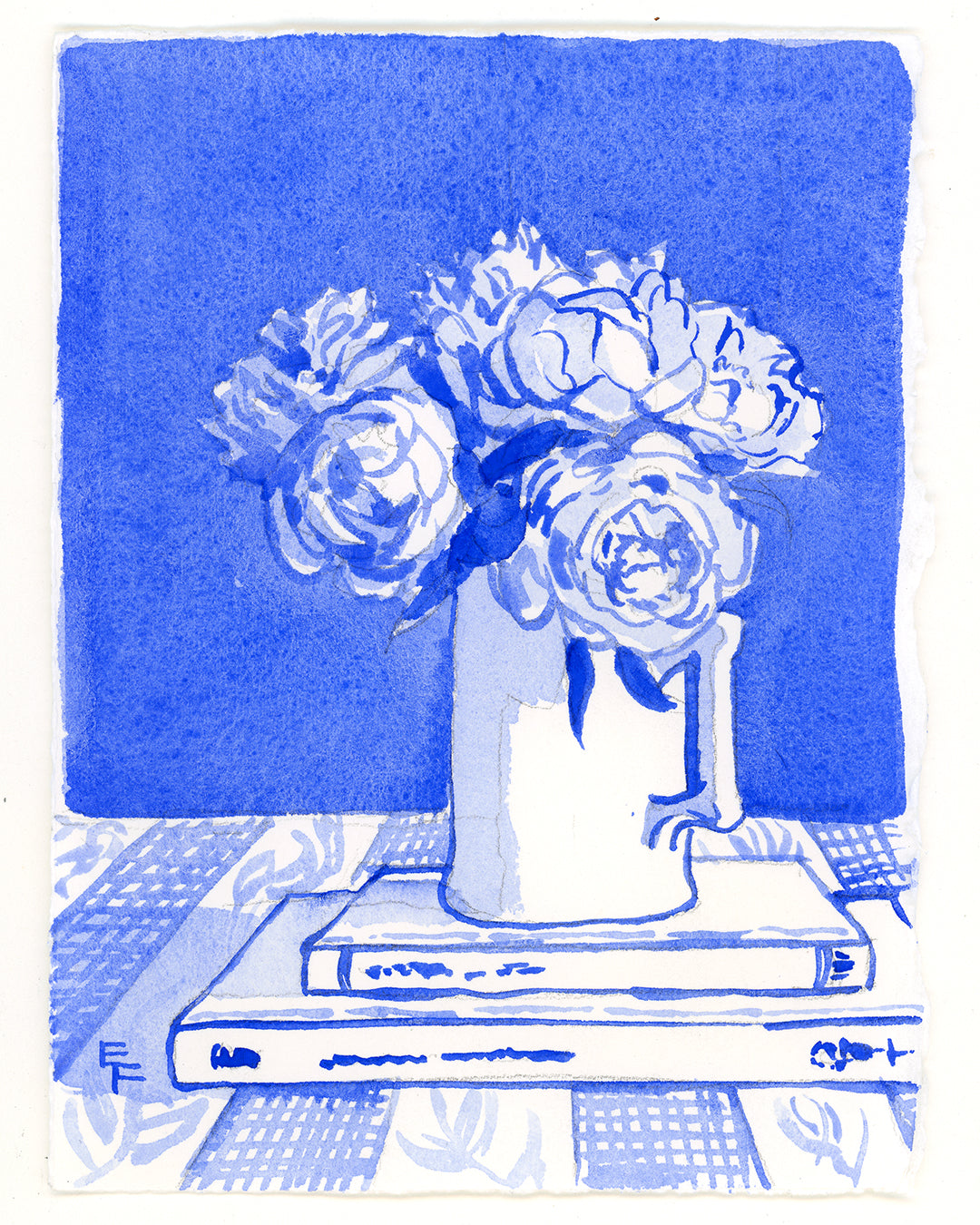 Roses on Books, Blue and White Watercolor, Unframed