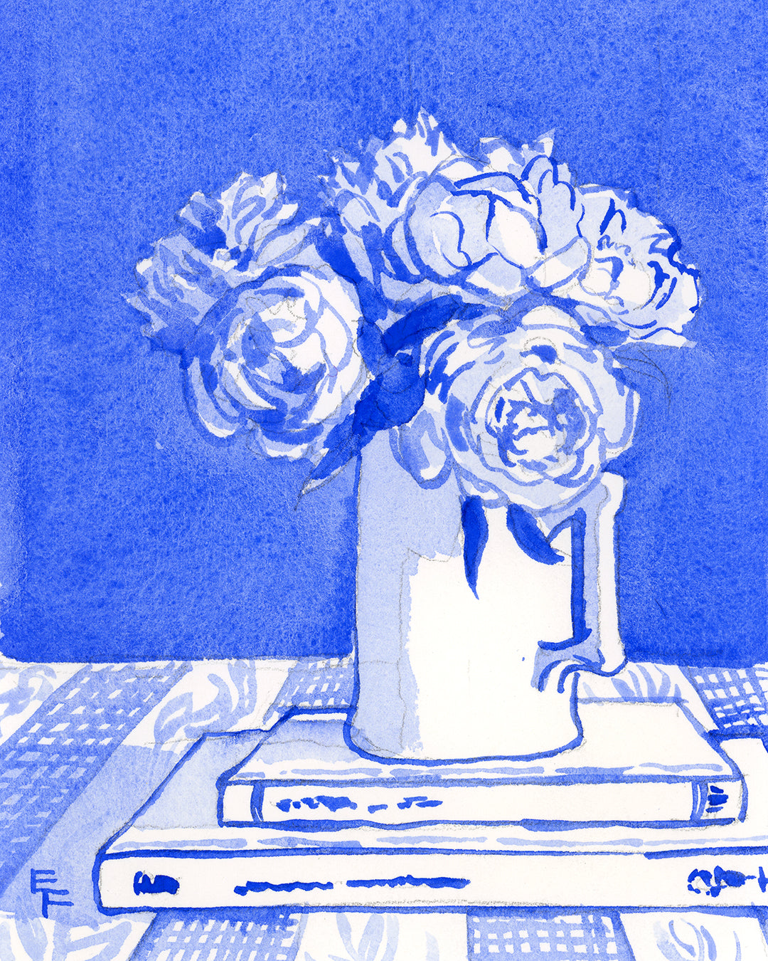Roses on Books, Blue and White Watercolor, Unframed