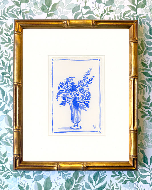 Rudbeckia in Fluted Vase Blue & White Watercolor, Framed