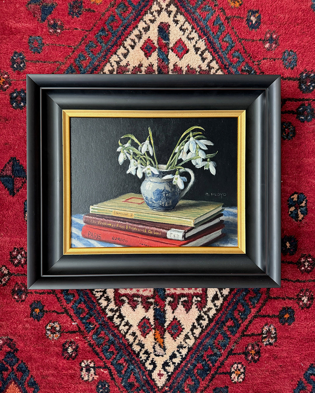Snowdrops and Books, 11x14inches, Framed Oil Painting