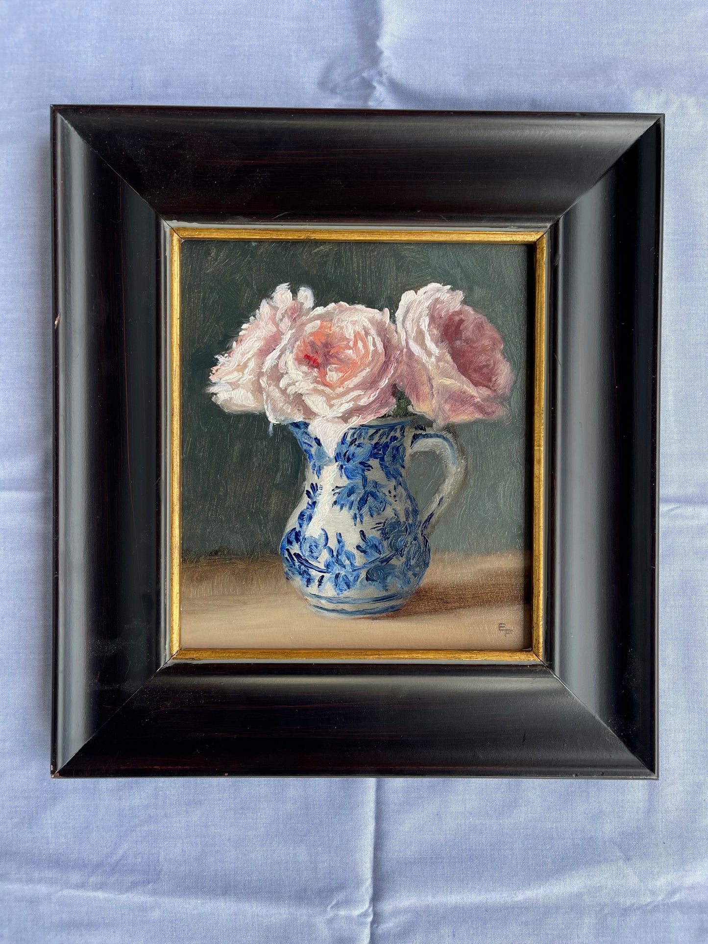 Three Roses in Delft Creamer, 8 x 7 inches, oil painting, framed