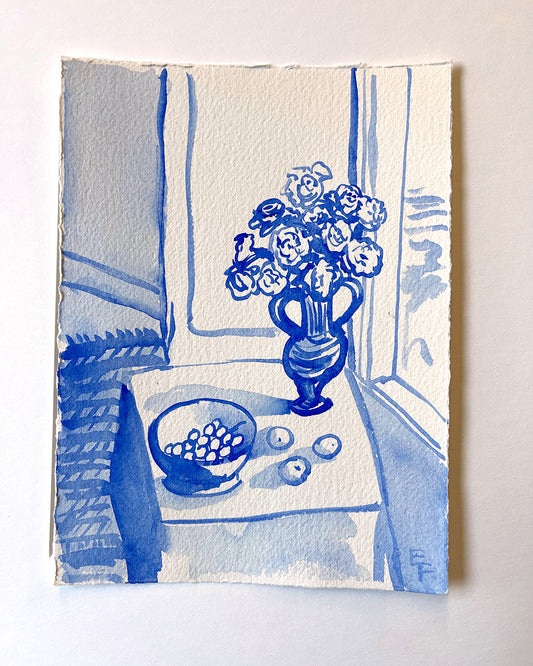 ROSES AT THE WINDOW, BLUE AND WHITE WATERCOLOR, UNFRAMED
