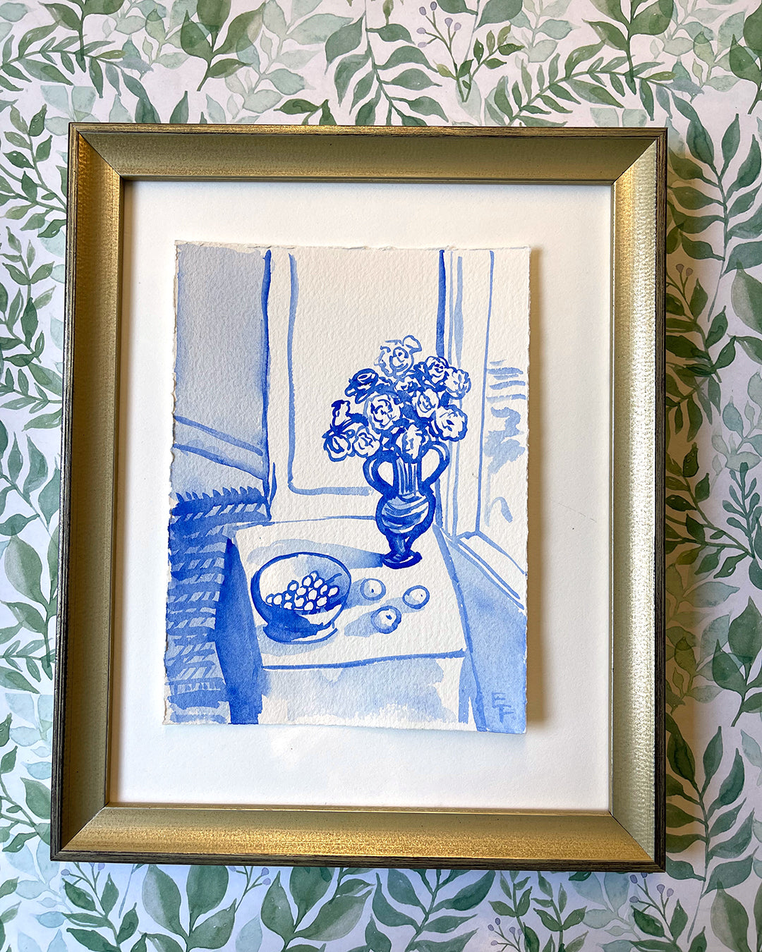 ROSES AT THE WINDOW, BLUE AND WHITE WATERCOLOR, UNFRAMED