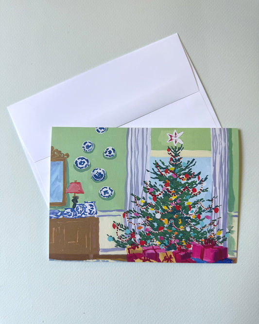 Christmas Tree with Blue Willow Greeting Card